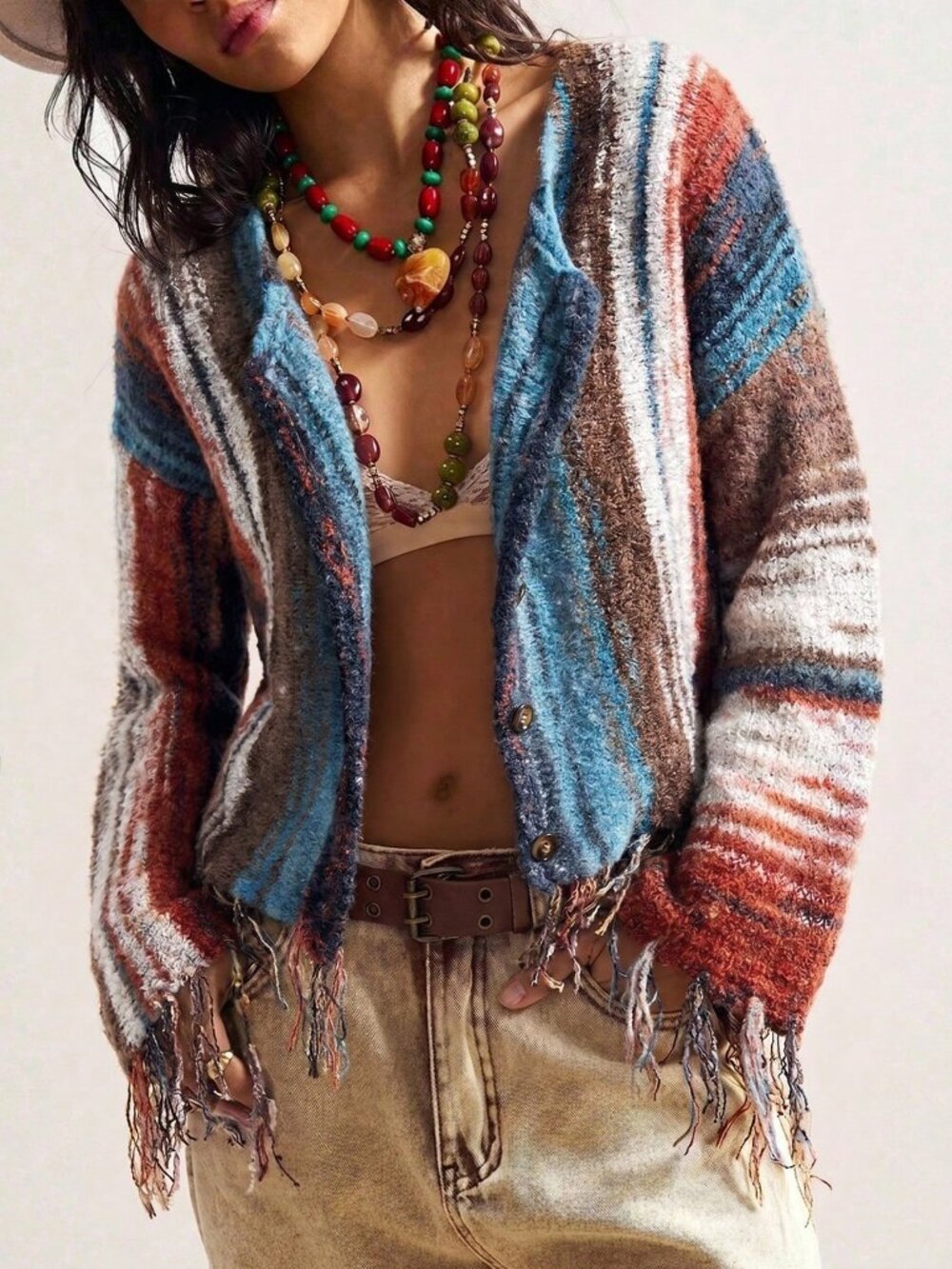 Multicolor Casual Women's Boho Stripe Drop Shoulder Long Sleeve Cardigan